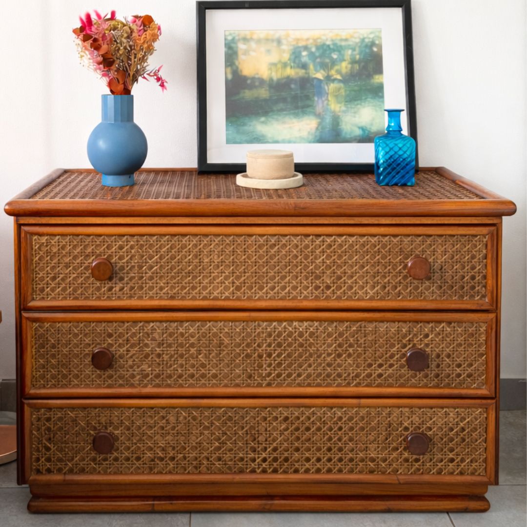 Commode vintage en teck, bambou et cannage - Années 70