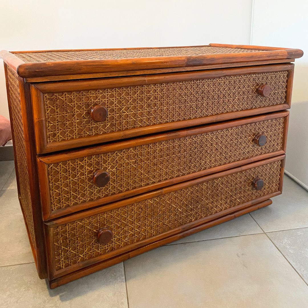 Commode vintage en teck, bambou et cannage - Années 70