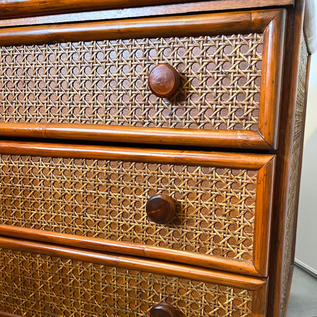 Commode vintage en teck, bambou et cannage - Années 70