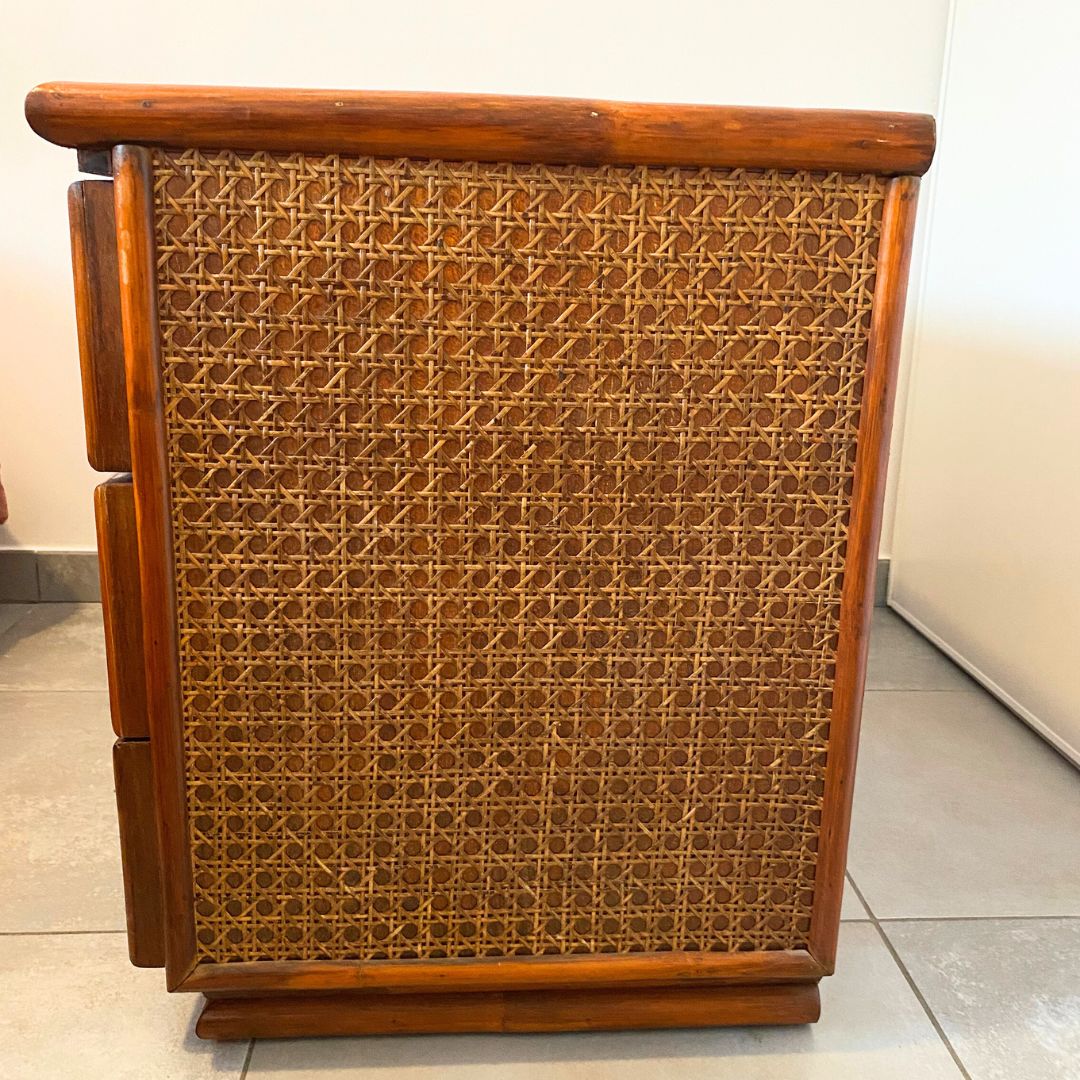 Commode vintage en teck, bambou et cannage - Années 70