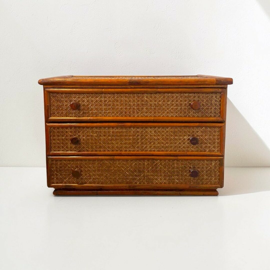 Commode vintage en teck, bambou et cannage - Années 70